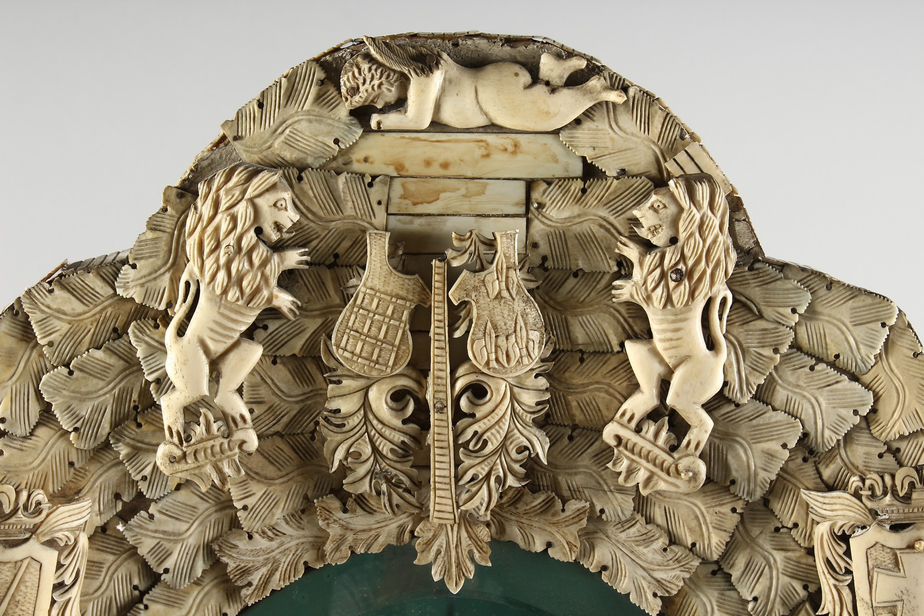 A GOOD DIEPPE PRISONER OF WAR CARVED BONE MIRROR, CIRCA. 1860, with emblems, shields, etc., with - Image 3 of 16