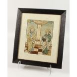 A LATE 19TH CENTURY CONTINENTAL EMBROIDERED PICTURE depicting two standing Saints in a temple framed