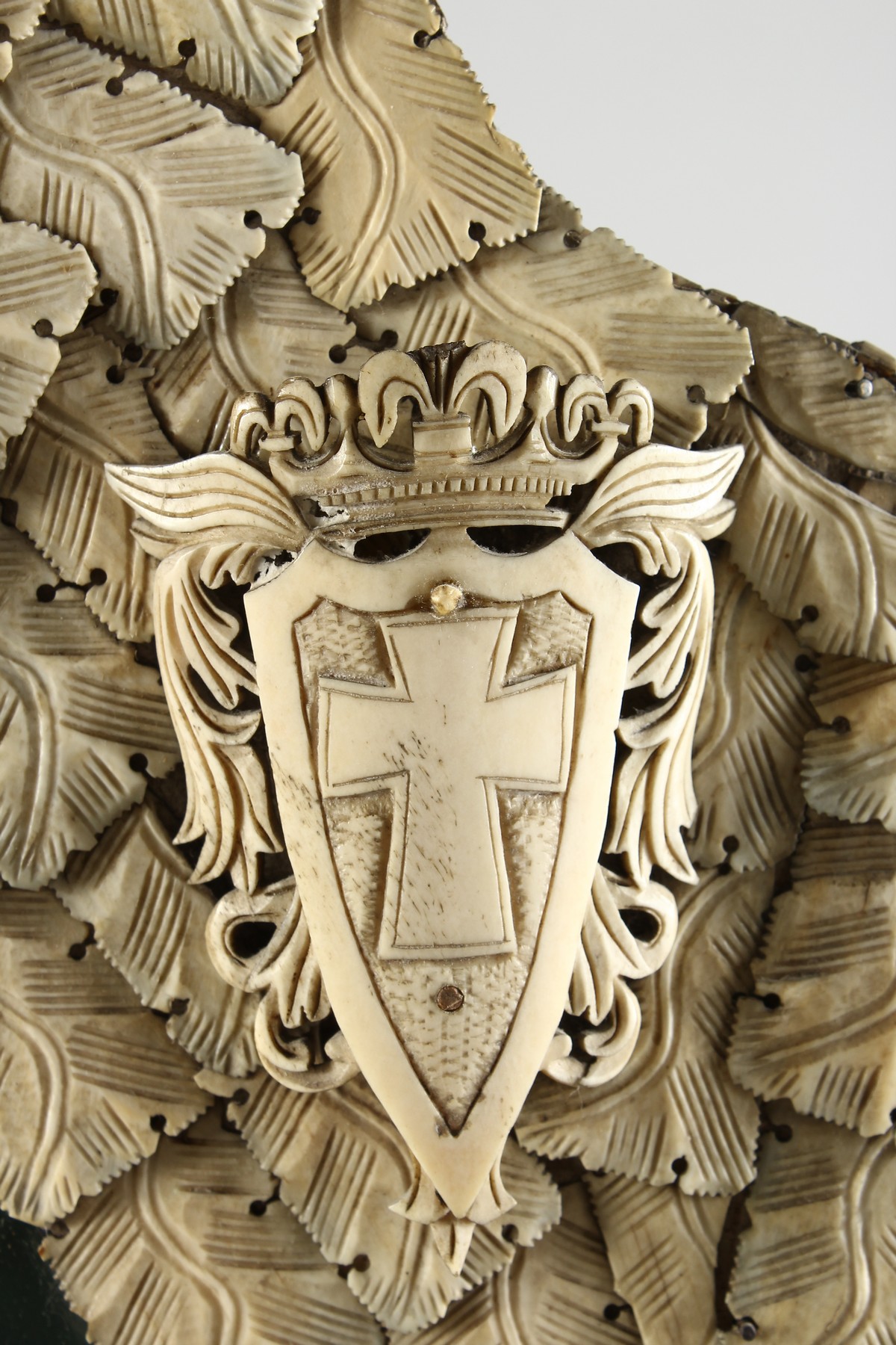 A GOOD DIEPPE PRISONER OF WAR CARVED BONE MIRROR, CIRCA. 1860, with emblems, shields, etc., with - Image 5 of 16