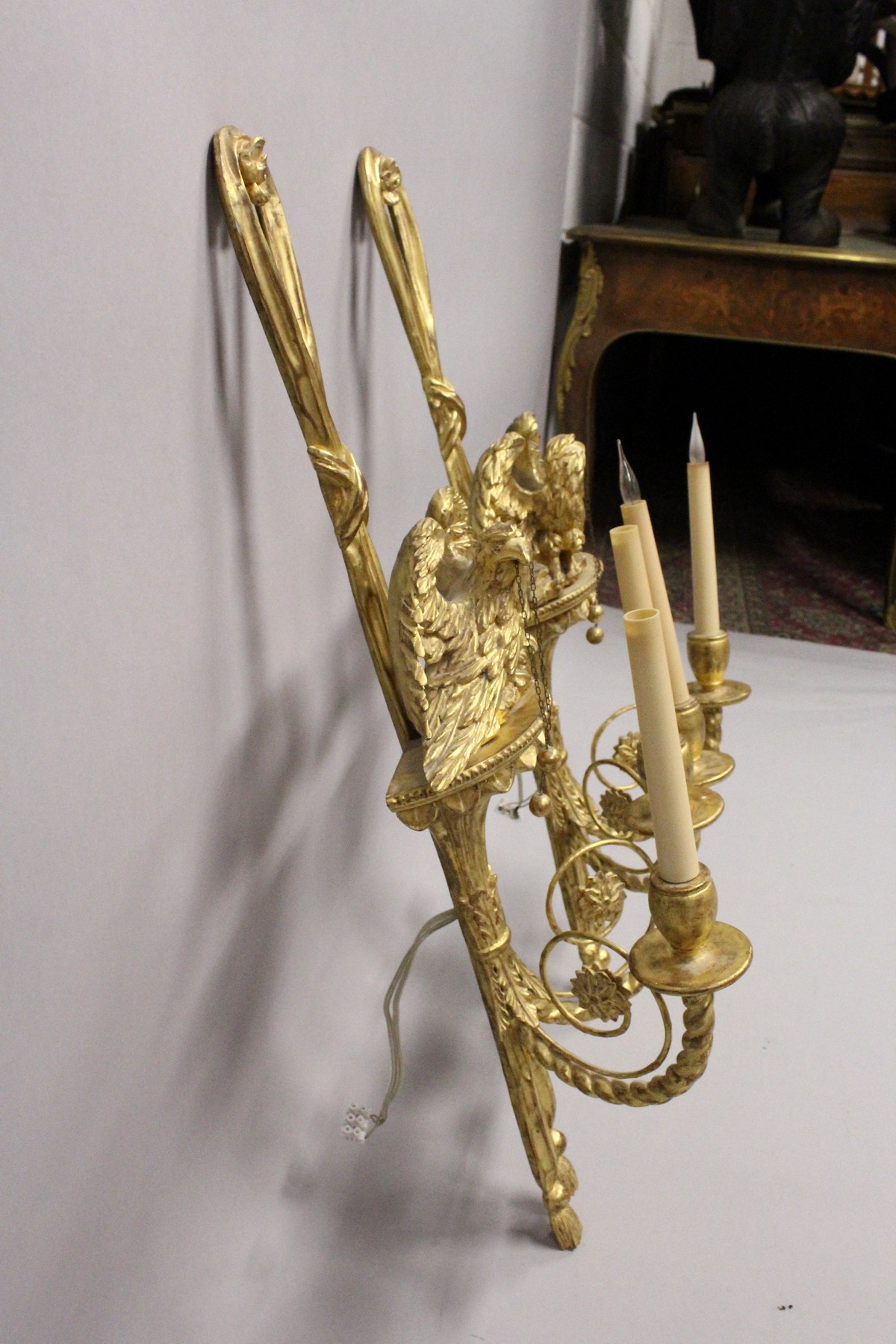 A GOOD PAIR OF REGENCY DESIGN CARVED, GILTWOOD TWIN-BRANCH WALL APPLIQUES, with eagle mounts. 2ft - Image 4 of 4