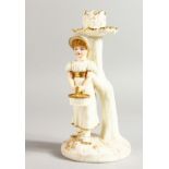 A ROYAL WORCESTER FINE HADLEY STYLE CANDLESTICK figure of a girl holding a basket, date code for