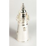 A SILVER PLATED LIGHTHOUSE COCKTAIL SHAKER. 13.5ins high.