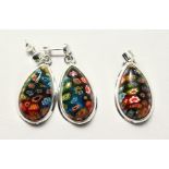 A PAIR OF SILVER AND MILLEFIORI EARRINGS AND PENDANT (3).