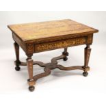 A 19TH CENTURY ROSEWOOD AND MARQUETRY TABLE, the top profusely inlaid with a classical urn, birds,