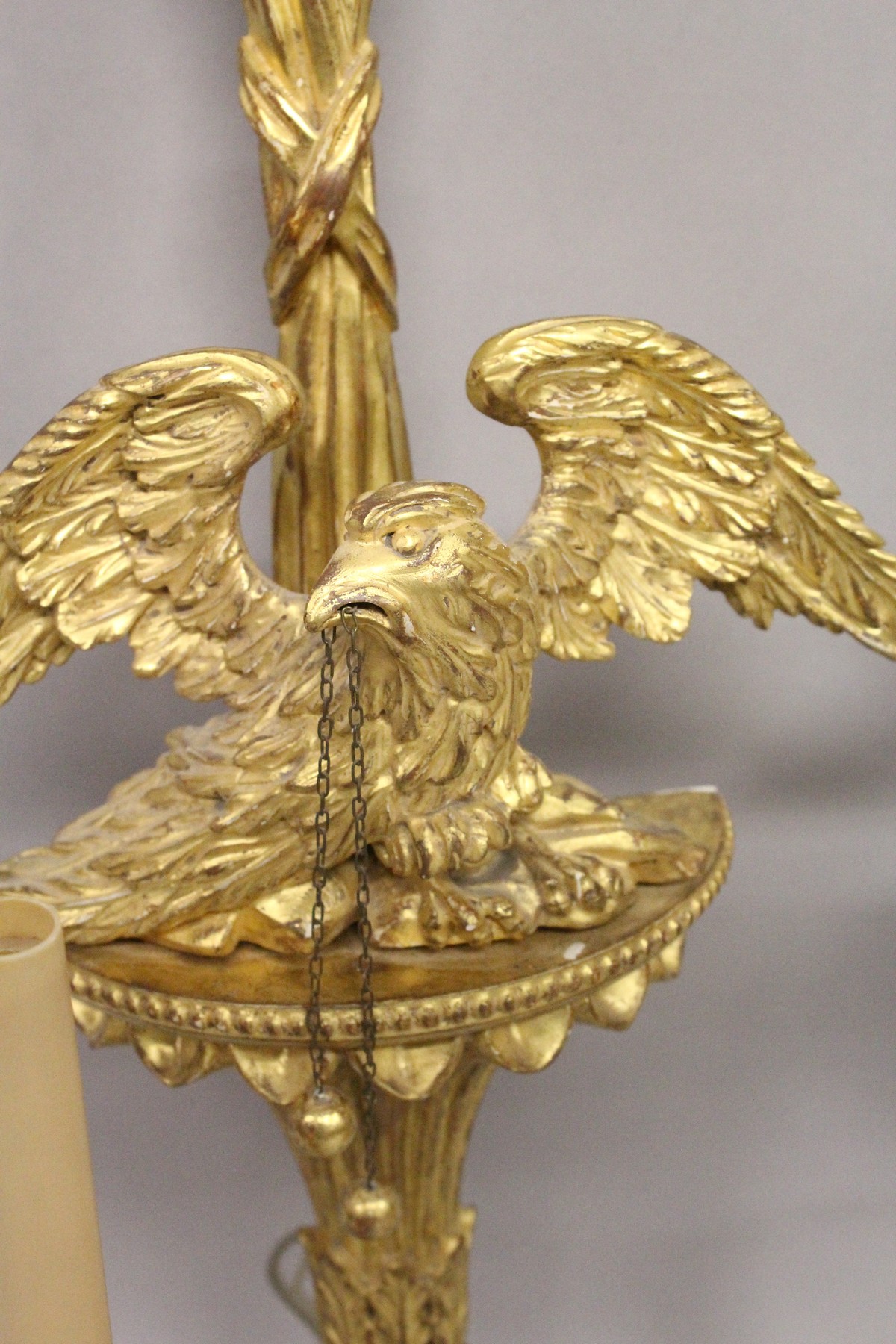 A GOOD PAIR OF REGENCY DESIGN CARVED, GILTWOOD TWIN-BRANCH WALL APPLIQUES, with eagle mounts. 2ft - Image 3 of 4