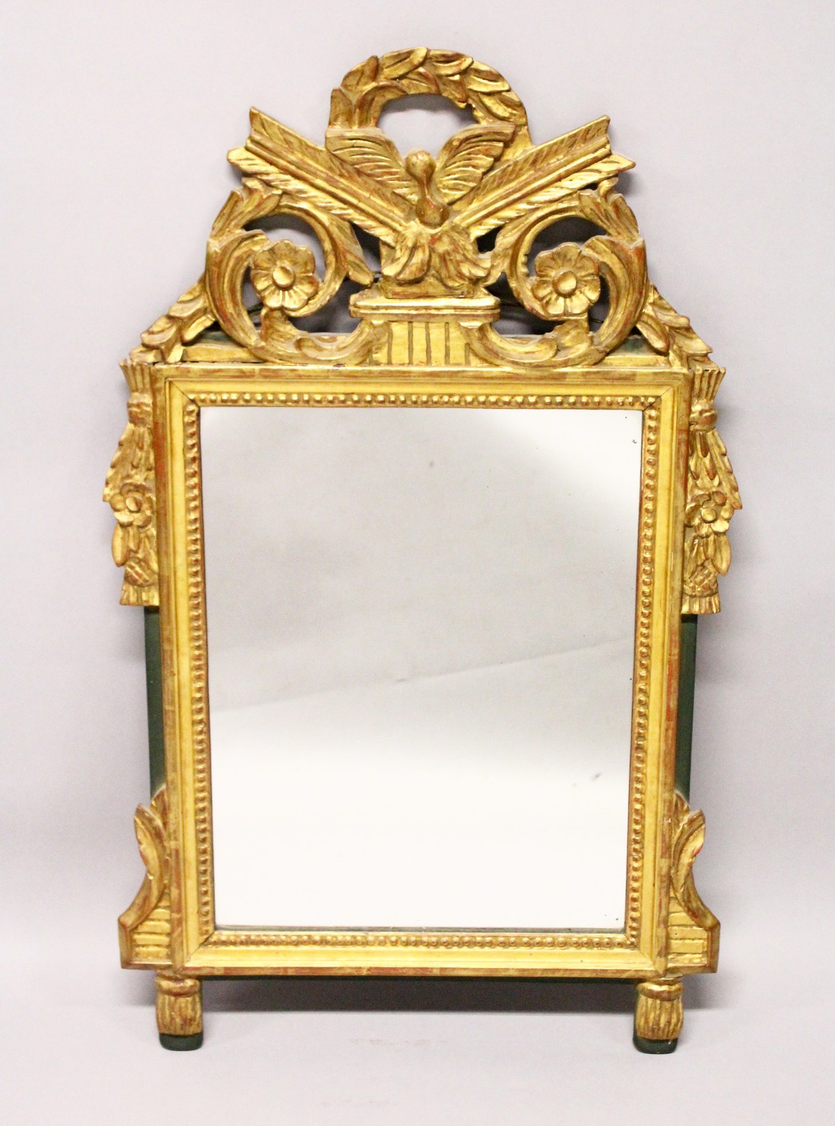 AN 18TH CENTURY STYLE GILT FRAMED PIER MIRROR, EARLY 20TH CENTURY, with classical laurel wreath, and