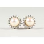 A PAIR OF FINE CULTURED PEARL AND DIAMOND EARRINGS.