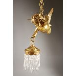 A GOOD BRONZE CUPID WALL LIGHT with cut prism drops.