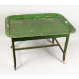 A LATE 19TH CENTURY GREEN PAINTED TOLEWARE TWIN HANDLED TRAY on a later stand. Tray 31ins x 22.