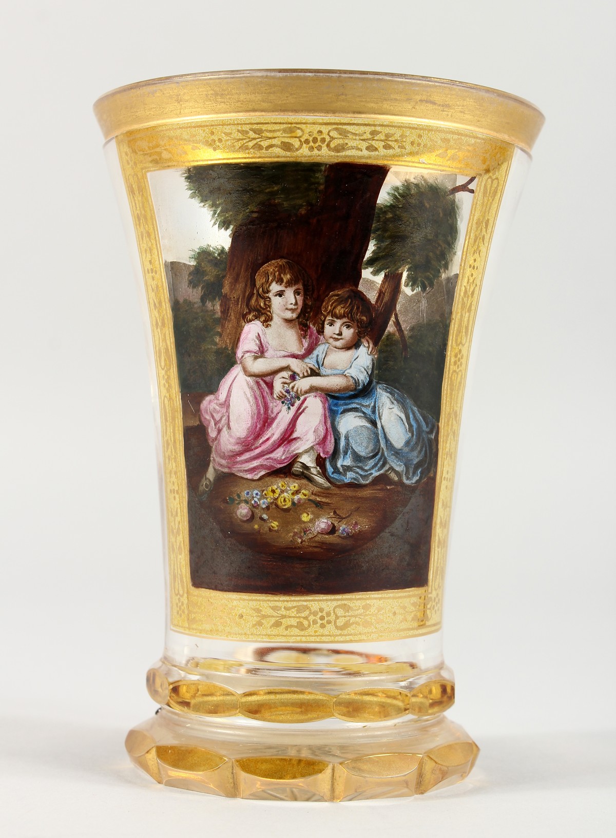 A VERY GOOD VIENNA GOBLET, painted panel of two young girls. 5.5ins high.