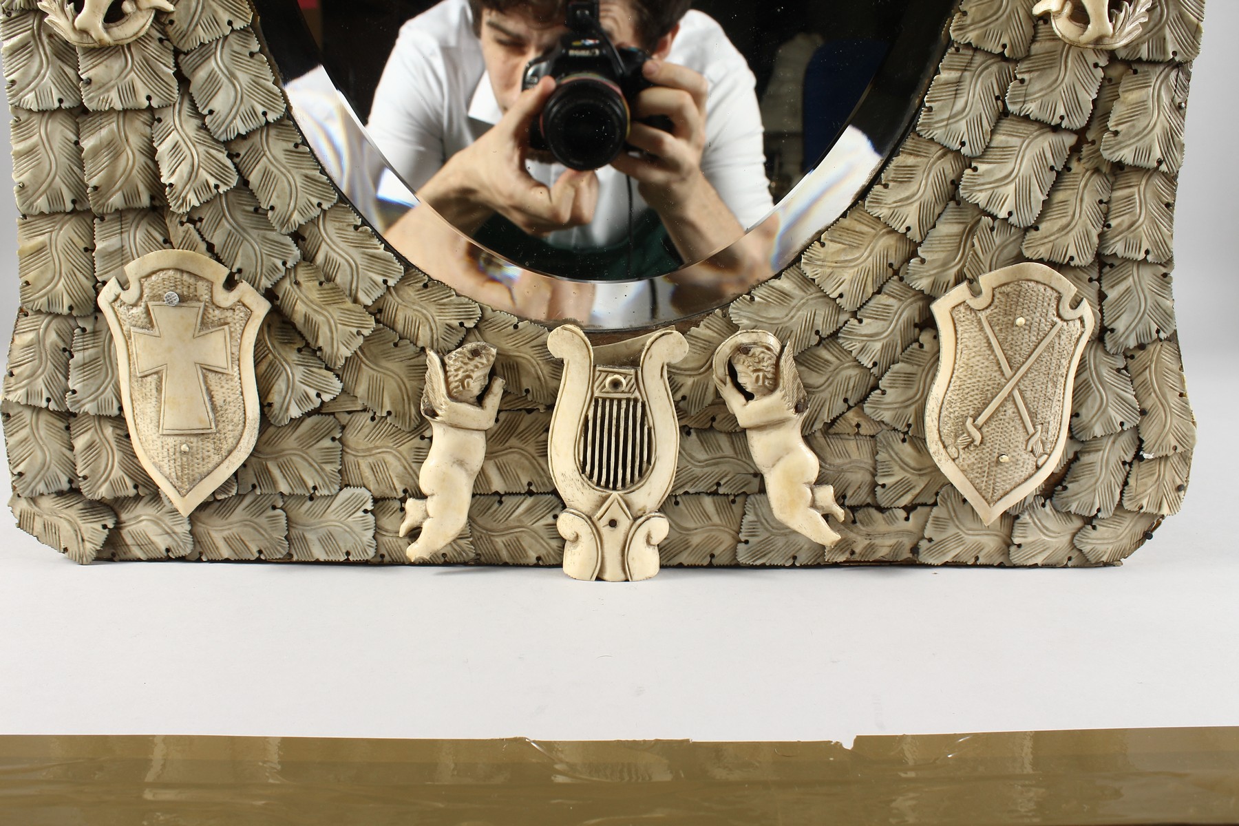 A GOOD DIEPPE PRISONER OF WAR CARVED BONE MIRROR, CIRCA. 1860, with emblems, shields, etc., with - Image 10 of 16