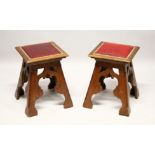 A GOOD PAIR OF OAK GOTHIC REVIVAL AESTHETIC MOVEMENT STOOLS, with upholstered square tops and