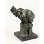 A GOOD ABSTRACT BRONZE GROUP of a roaring bear, standing on a tree stump, on a marble base. 15ins