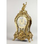 A 19TH CENTURY FRENCH "BOULLE" MANTLE CLOCK, with eight day movement, enamel numerals, the ormolu