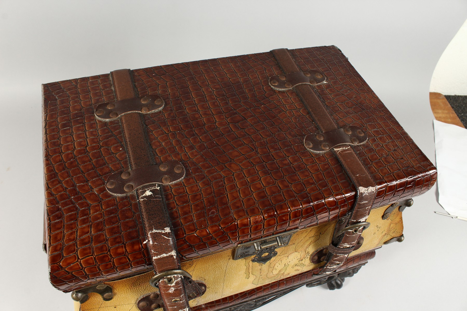 A DECORATIVE STORAGE BOX, modelled as a suitcase on stand. 18ins wide x 14.5ins high. - Image 2 of 4