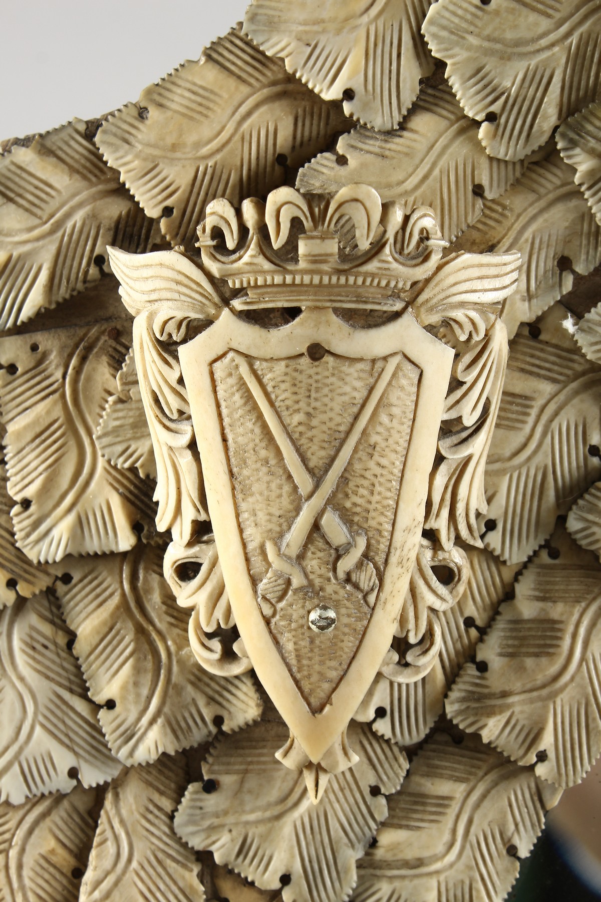 A GOOD DIEPPE PRISONER OF WAR CARVED BONE MIRROR, CIRCA. 1860, with emblems, shields, etc., with - Image 4 of 16