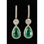 A SUPERB PAIR OF 18CT WHITE GOLD, COLOMBIAN EMERALD AND DIAMOND DROP EARRINGS.