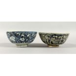 TWO KANGXI PERIOD SHIPWRECK BLUE AND WHITE BOWLS. 5.5ins diameter.