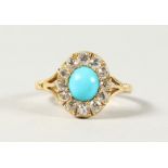 AN 18CT YELLOW GOLD, TURQUOISE AND DIAMOND CLUSTER RING.