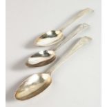 A PAIR OF IRISH SILVER TABLESPOONS, Dublin 1786; together with a similar spoon, London 1809, all