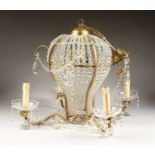 A HOT AIR BALLOON DESIGN CENTRE LIGHT, with four scrolling branches with beads and prism drops.