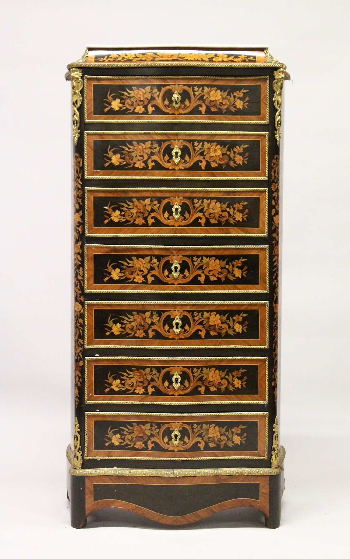 A GOOD 19TH CENTURY KINGWOOD AND MARQUETRY ESCRITOIRE, with marble top, three drawers which form the