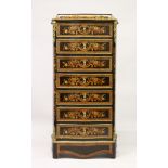 A GOOD 19TH CENTURY KINGWOOD AND MARQUETRY ESCRITOIRE, with marble top, three drawers which form the