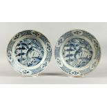 TWO CHINESE WANLI PERIOD BLUE AND WHITE PEACOCK PATTERN SHIPWRECK PLATES. 10ins diameter.