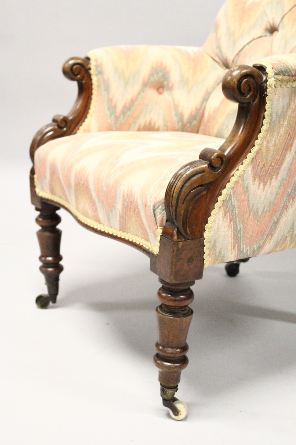 A 19TH CENTURY MAHOGANY FRAMED BUTTON UPHOLSTERED ARMCHAIR, with carved "C Scroll" arm caps, - Image 2 of 10