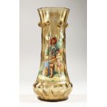 AN ITALIAN AMBER TINTED MOULDED GLASS VASE, enamel decorated with a classical figure. 10ins high.