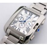 A CARTIER GENTLEMAN'S STAINLESS STEEL TANK ANGLAISE LARGE CHRONOGRAPH WRISTWATCH, with silvered