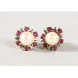 A PAIR OF RUBY AND PEARL EARRINGS.