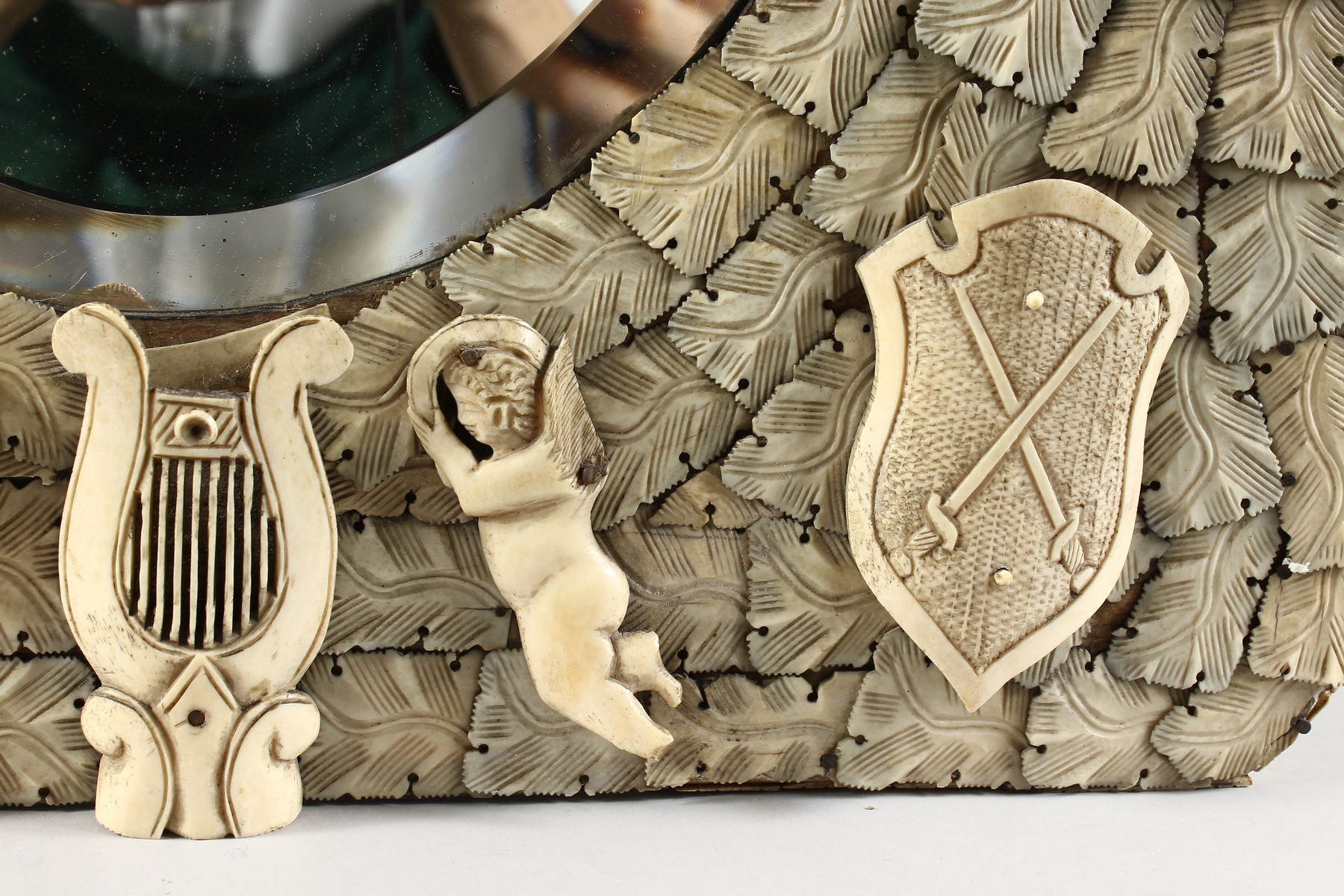 A GOOD DIEPPE PRISONER OF WAR CARVED BONE MIRROR, CIRCA. 1860, with emblems, shields, etc., with - Image 12 of 16