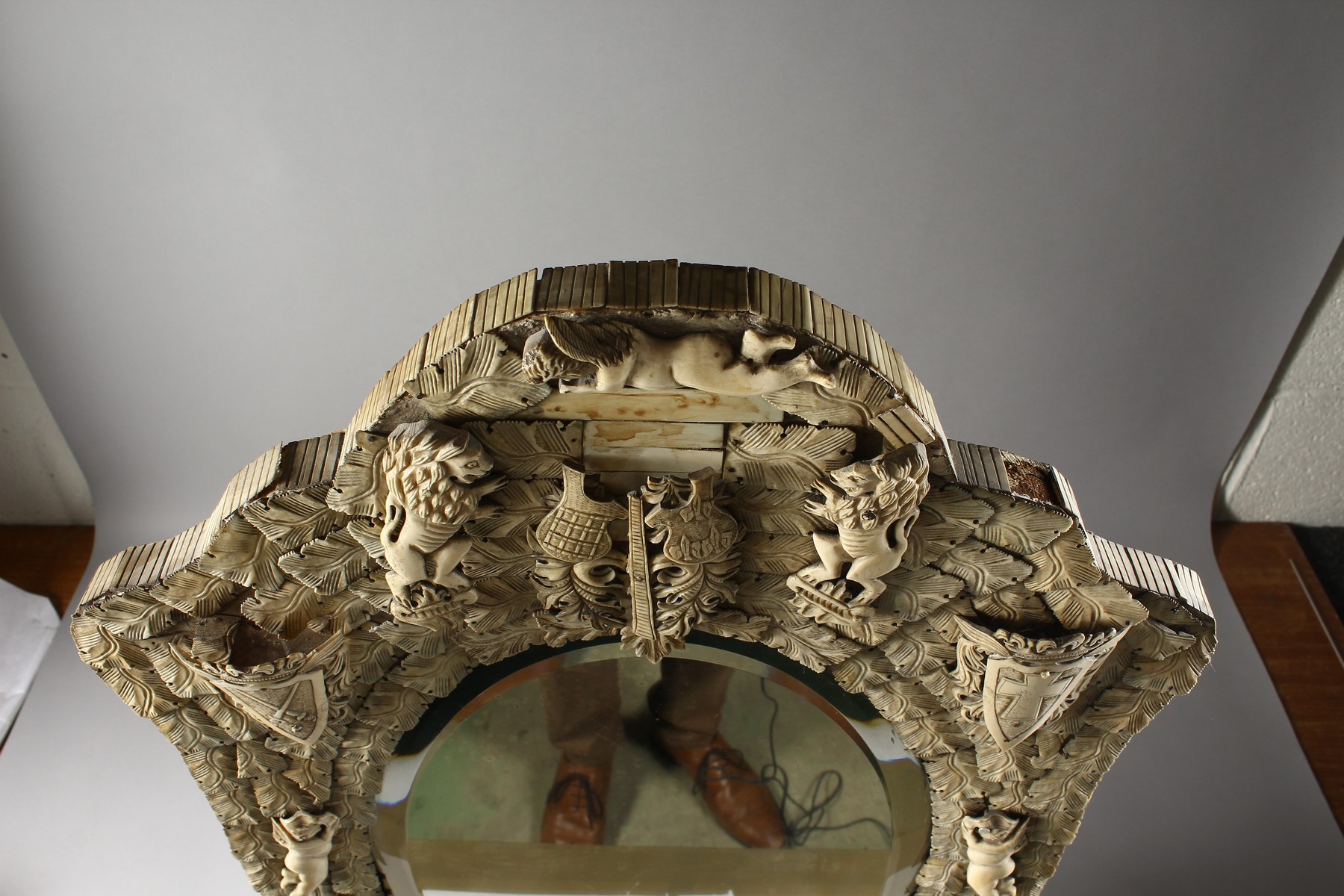 A GOOD DIEPPE PRISONER OF WAR CARVED BONE MIRROR, CIRCA. 1860, with emblems, shields, etc., with - Image 14 of 16