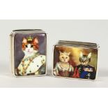 TWO SILVER AND ENAMEL CAT PILL BOXES.