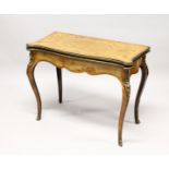 A GOOD VICTORIAN FIGURED WALNUT CARD TABLE, with quartered marquetry inlaid folding top, opening
