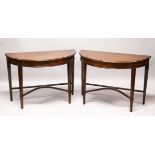 A PAIR OF SHERATON REVIVAL INLAID MAHOGANY DEMILUNE SIDE TABLES, EARLY 20TH CENTURY, with an