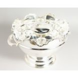 A SILVER PLATED CIRCULAR CAVIAR SET with eight glass tumblers. 12ins diameter.