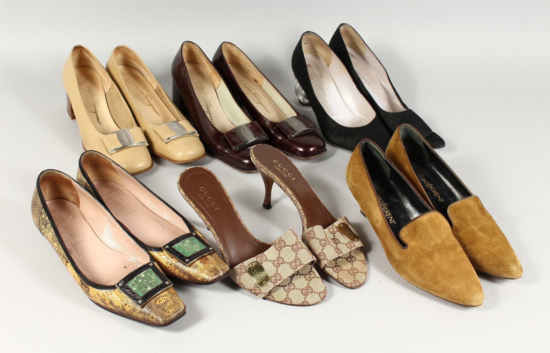 SIX PAIRS OF DESIGNER SHOES, PRADA, GUCCI, YSL, FERRIGANO and MAUD FRIZON.