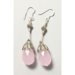 A PAIR OF ROSE QUARTZ AND MARCASITE DROP EARRINGS.