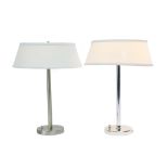 A near pair of contemporary chrome table lamps with white shades