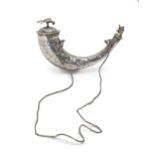A Peruvian Cusco wine horn with braided silver strap