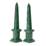 A pair of Russian-style malachite veneered obelisks