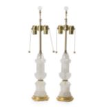 A pair of rock crystal, brass and giltwood table lamps