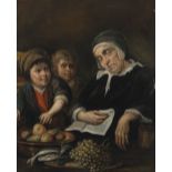 Two boys taking an apple from a sleeping woman