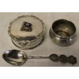 Silver salt Birmingham 1914, Chinese silver spoon & white metal lidded pot bearing T S S Nestor