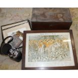 19th century mahogany slope box, selection of framed prints including "Famous Masters of Hounds",
