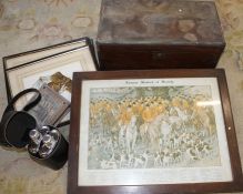 19th century mahogany slope box, selection of framed prints including "Famous Masters of Hounds",