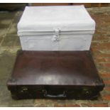 Painted tin trunk & a vintage leather suitcase