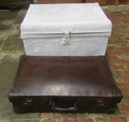 Painted tin trunk & a vintage leather suitcase